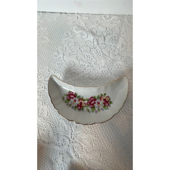 The Unbranded Brand Other - Vintage Crescent Bone China Floral Trinket Dish Gold Rim Scalloped Edge Bone Dis